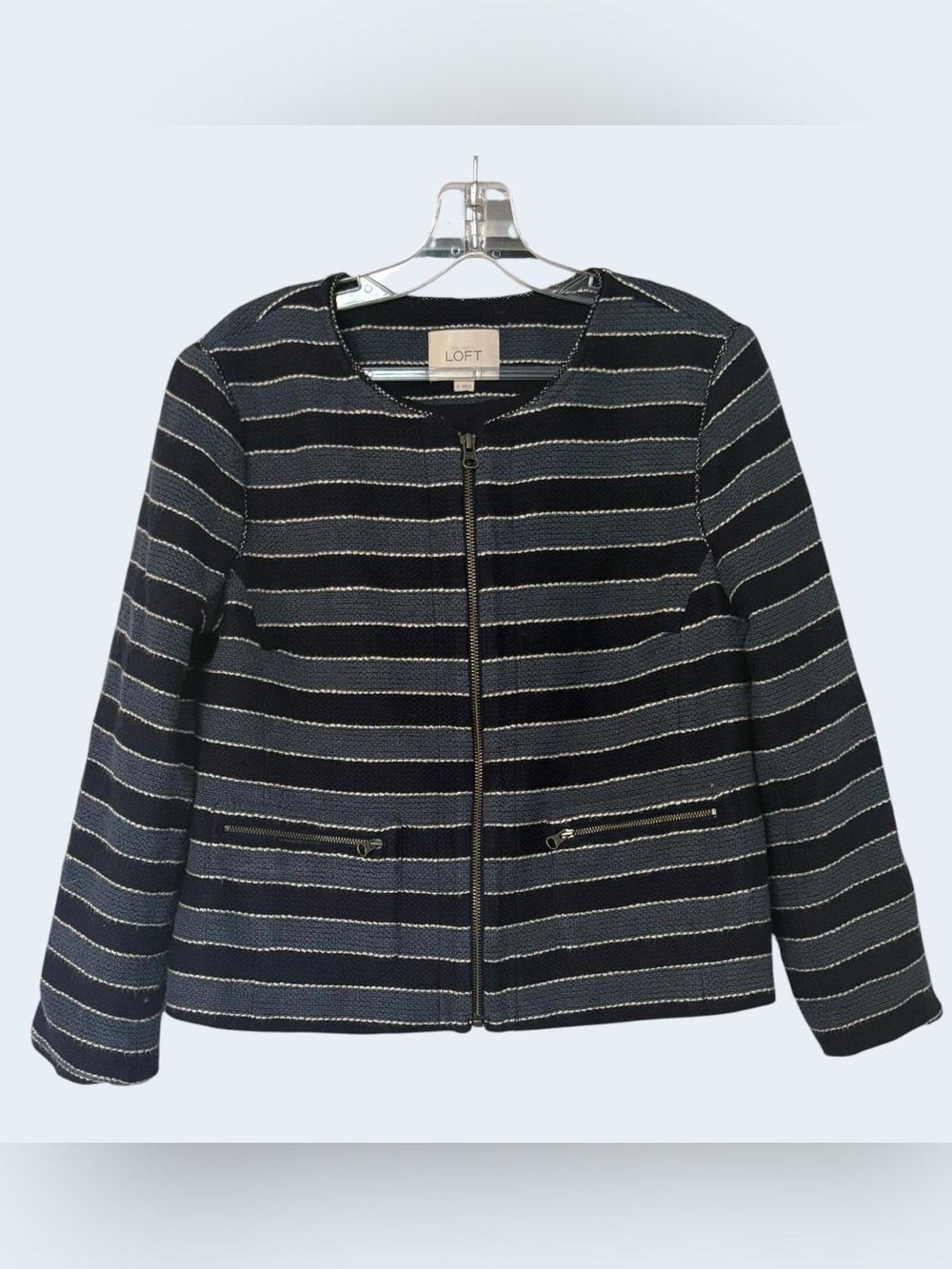 LOFT Black Striped Zip-Front Jacket with Gold Accent Stripes - Picture 2 of 5
